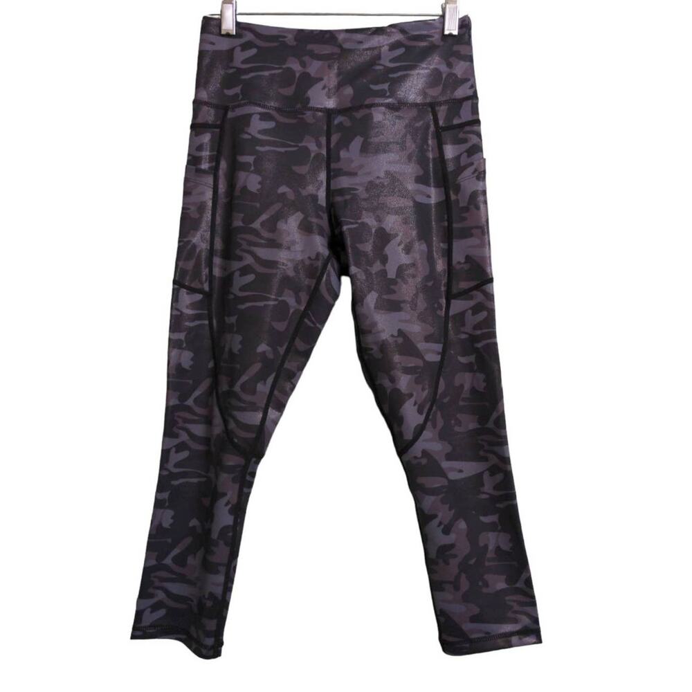 Zyia Womens Leggings Gray High Rise Shiny Camo Yoga Waist Stretch Cropped 6-8
